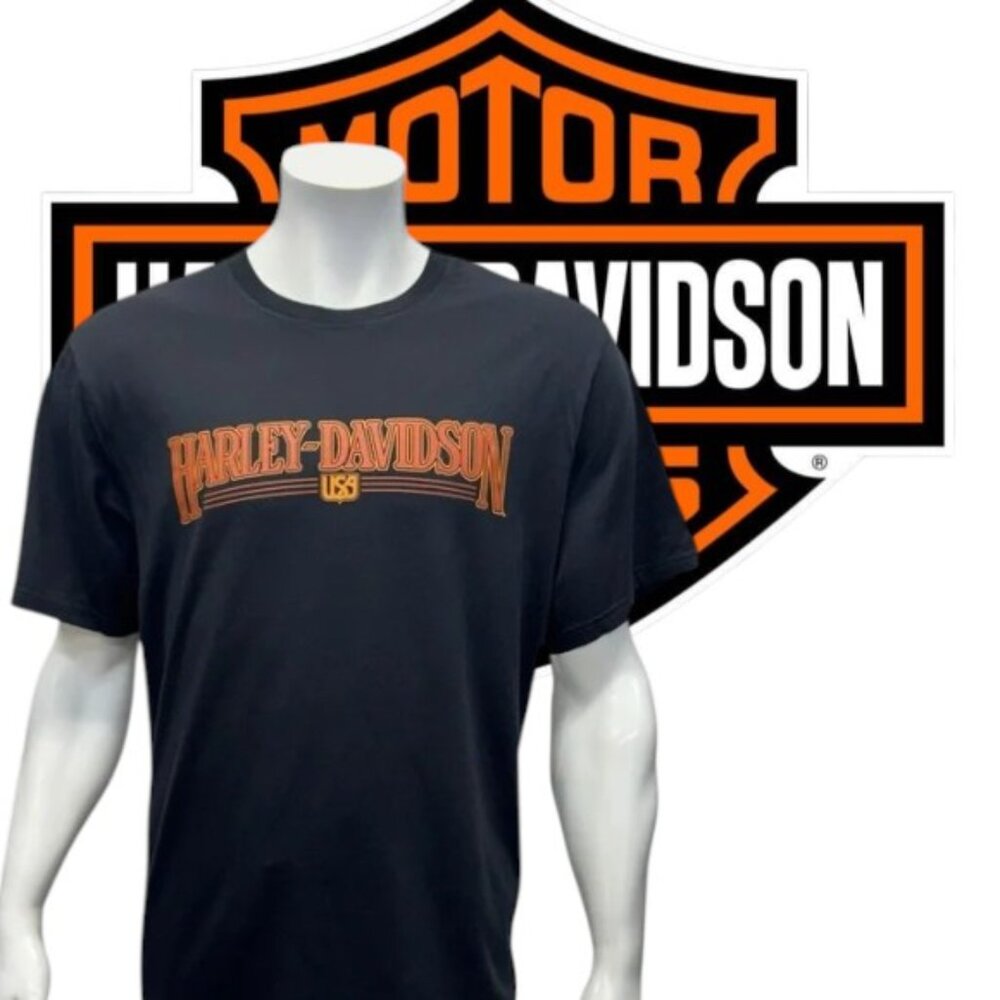 Harley Davidson Motorcycles Black Orange Spell Out Graphic T-Shirt Tee XL